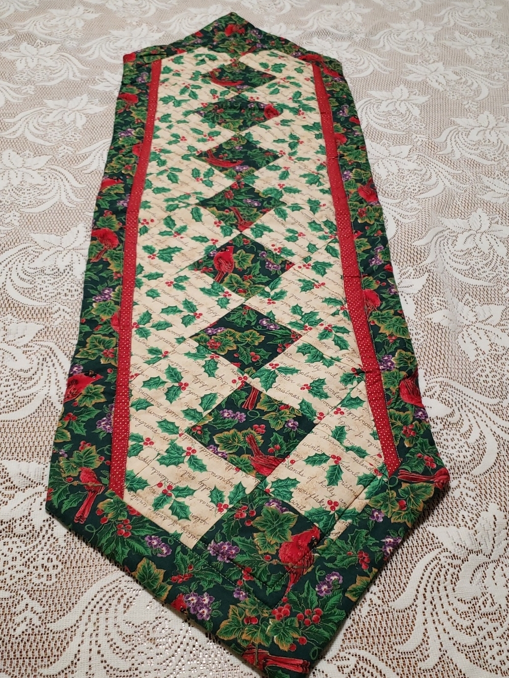 Quilted Holiday Table Runner with Red Cardinal & Holly Design